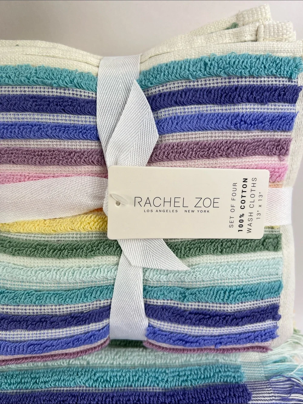 Rachel Zoe Bath Towels Rainbow Pastel Striped with Fringe Cotton 8 Pc Set NEW